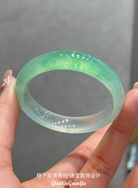 天然半山水翡翠玉手镯子女半山水手镯阳绿冰飘花缅甸冰种石英岩玉