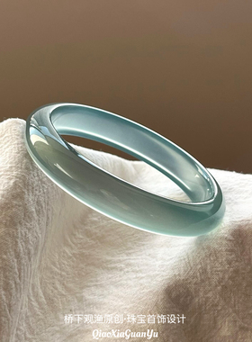 正品天然高冰种库里蓝玉髓玛瑙手镯马料天然翡翠玉镯远山黛送礼物