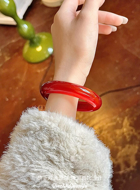 红玛瑙手镯冰透红玉镯女款红色玉