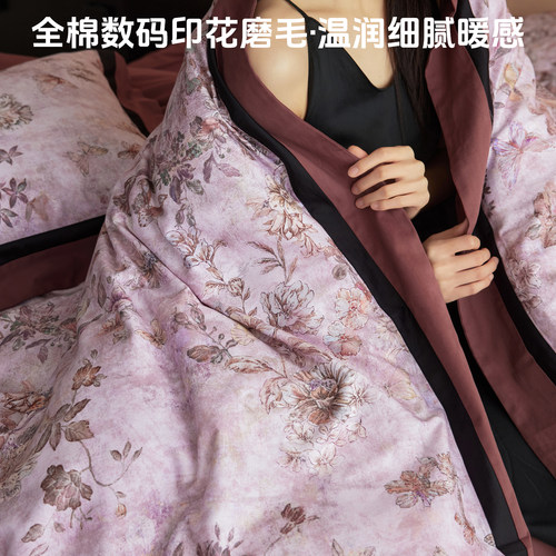 复古100SPro长绒棉数码印花四件套纯棉全棉被套床单轻奢床上用品4 - 图1