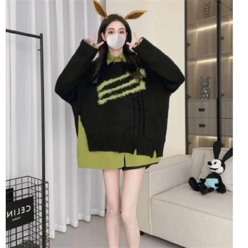 大码胖mm甜酷慵懒风假两件长袖毛衣女秋冬季设计感外穿针织衫上衣,淘宝优惠券,粉丝福利购,淘宝优惠卷