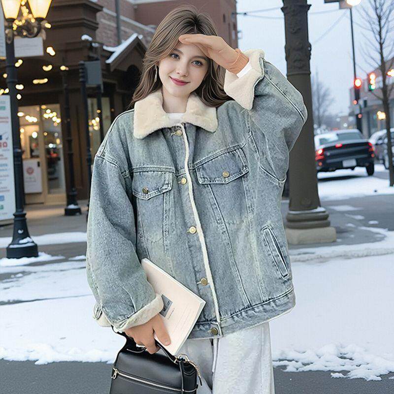 美式加绒加厚牛仔外套女秋冬2025新款设计感宽松百搭通勤夹克上衣,淘宝优惠券,粉丝福利购,淘宝优惠卷