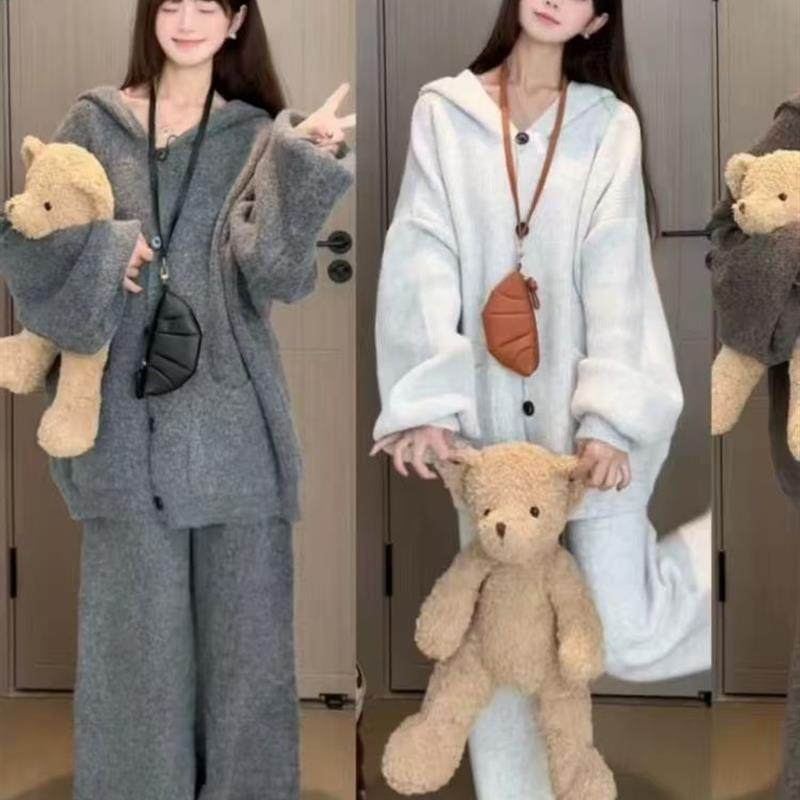 2025秋冬大码慵懒风连帽针织简约休闲两件套女保暖纯色裤子+上衣,淘宝优惠券,粉丝福利购,淘宝优惠卷