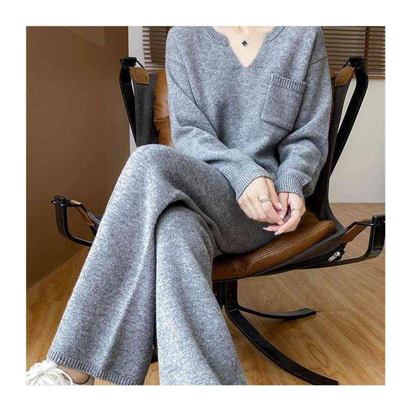 秋冬慵懒风两件套V领外穿毛衣针织衫阔腿裤新款时尚气质上衣套装,淘宝优惠券,粉丝福利购,淘宝优惠卷