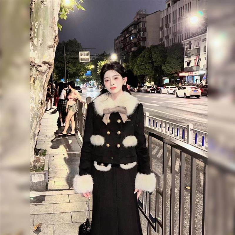 法式小香风毛领毛呢外套半裙套装秋冬新款高级感上衣裙子两件套潮,淘宝优惠券,粉丝福利购,淘宝优惠卷