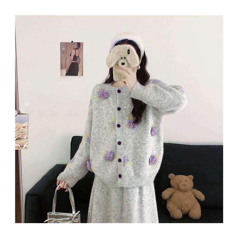 韩版冬季新款大码立体花朵设计感针织开衫中长款半身裙套装毛衣裙,淘宝优惠券,粉丝福利购,淘宝优惠卷