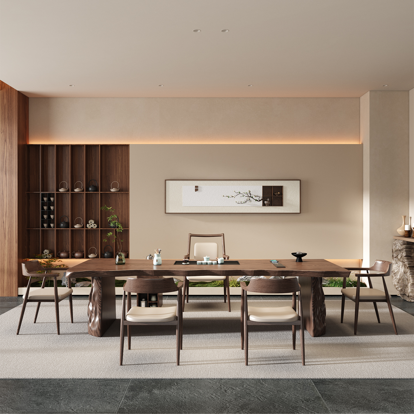 新中式实木整板办公室接待茶桌商务风洽谈桌轻奢高级感多功能茶台 - 图3