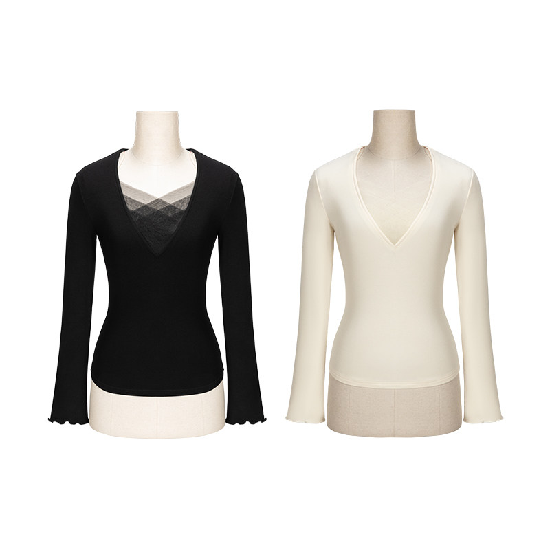 肉装小cherry 纯欲天菜 V领拼接网纱针织T恤女设计感微胖修身上衣,淘宝优惠券,粉丝福利购,淘宝优惠卷