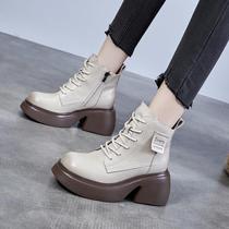 Thick bottom genuine leather Martin boots woman 2023 autumn winter new Inren wind side zip 100 lap thick heel plus suede retro short boot