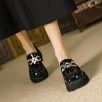 Water Drill Thick Bottom Small Leather Shoes Women 2023 Fall New Single Shoes Fashion Genuine Leather Big Code Round Head Design Sense Lefu Shoes