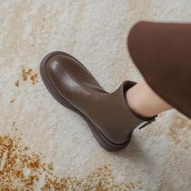 Brown Martin boots woman 2023 autumn winter new single boot Inlenty wind genuine leather thick bottom elastic slim boot with velvety short boots