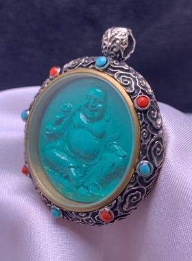 绿松石镶嵌弥勒佛圆牌