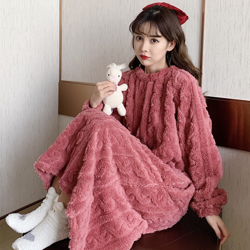 秋冬季长款珊瑚绒胖mm纯色睡衣裙 秋南枝睡裙