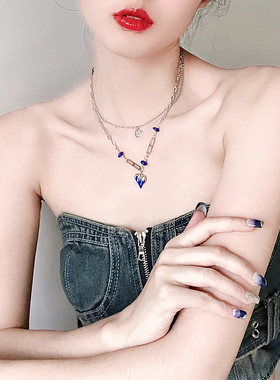 GUXUAN克莱因蓝色爱心宝石项链ins嘻哈百搭设计感网红卫衣配饰潮