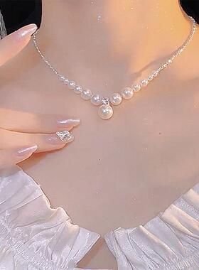 新款潮碎银几两珍珠水滴项链女小众设计感串珠锁骨链轻奢百搭颈链