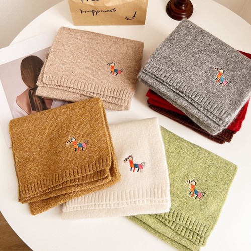 小马刺绣柔软羊绒围巾加厚保暖男女款本命年毛线围脖冬季2026新品 - 图1