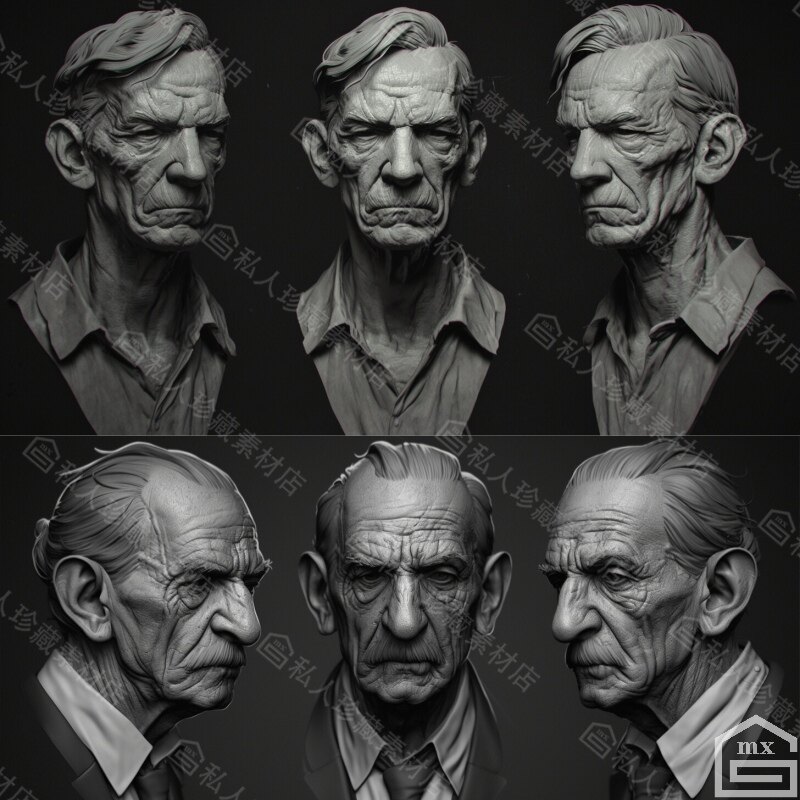 420张zbrush欧美老人老头老年人男性头部头像肖像雕刻参考图片jpg