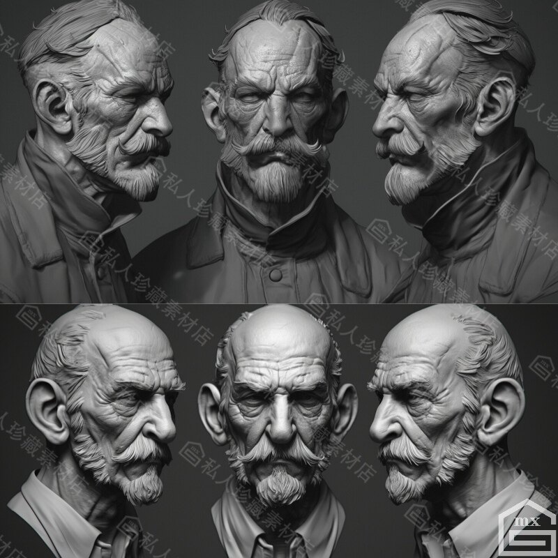 420张zbrush欧美老人老头老年人男性头部头像肖像雕刻参考图片jpg