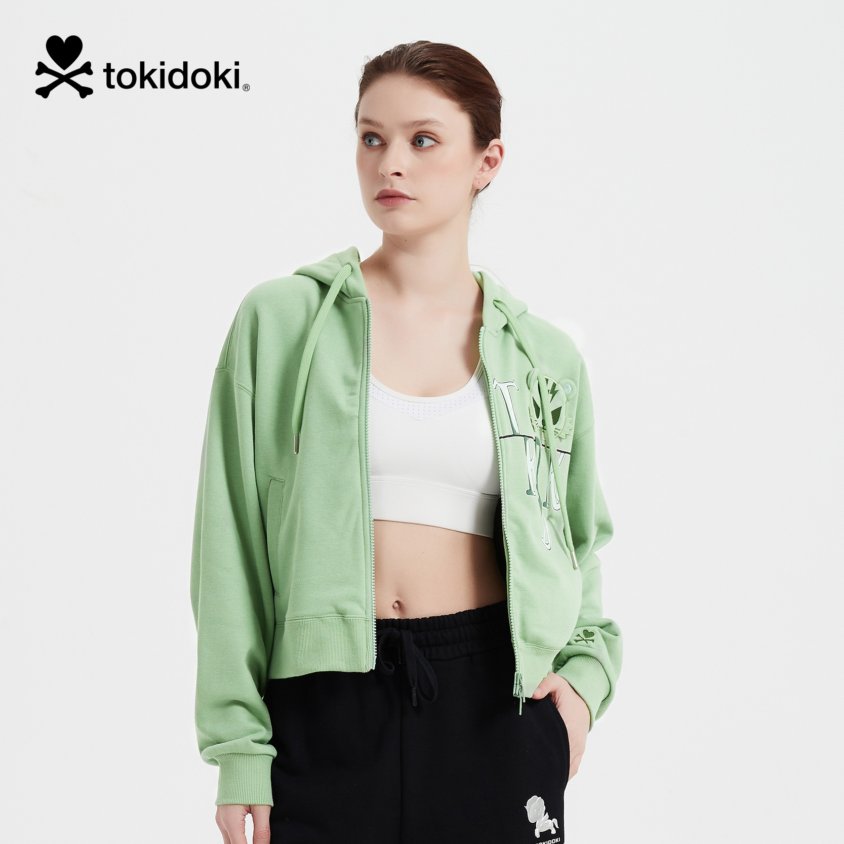 tokidoki短款卫衣外套女2024春秋新款美式复古落肩连帽拉链开衫 - 图0