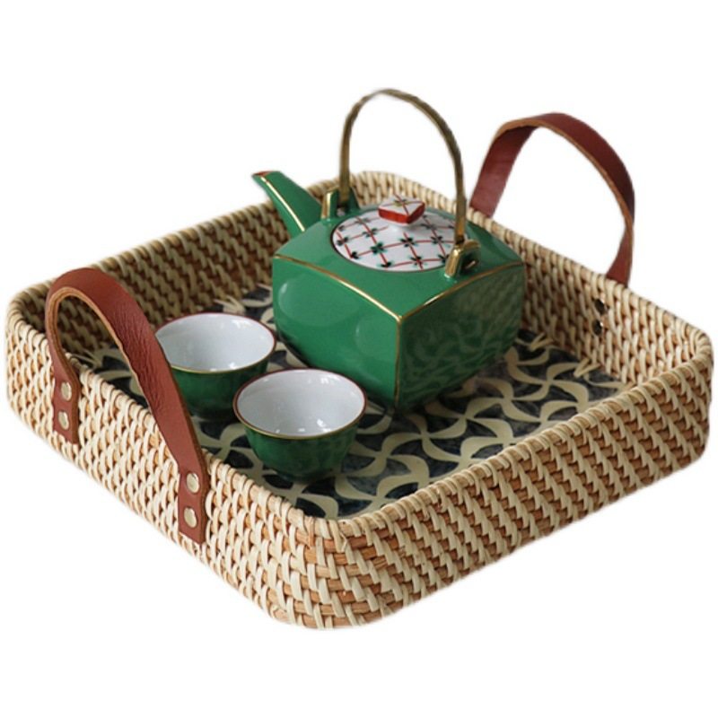 藤编贝壳托盘手工编织面包零食水茶杯皮把手圆形高档端轻精致轻奢,淘宝优惠券,粉丝福利购,淘宝优惠卷