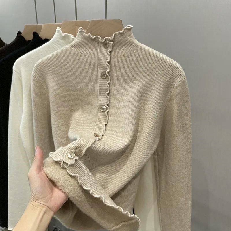 一体绒保暖内搭针织上衣女士秋冬木耳边半高领打底衫加绒加厚毛衣,淘宝优惠券,粉丝福利购,淘宝优惠卷