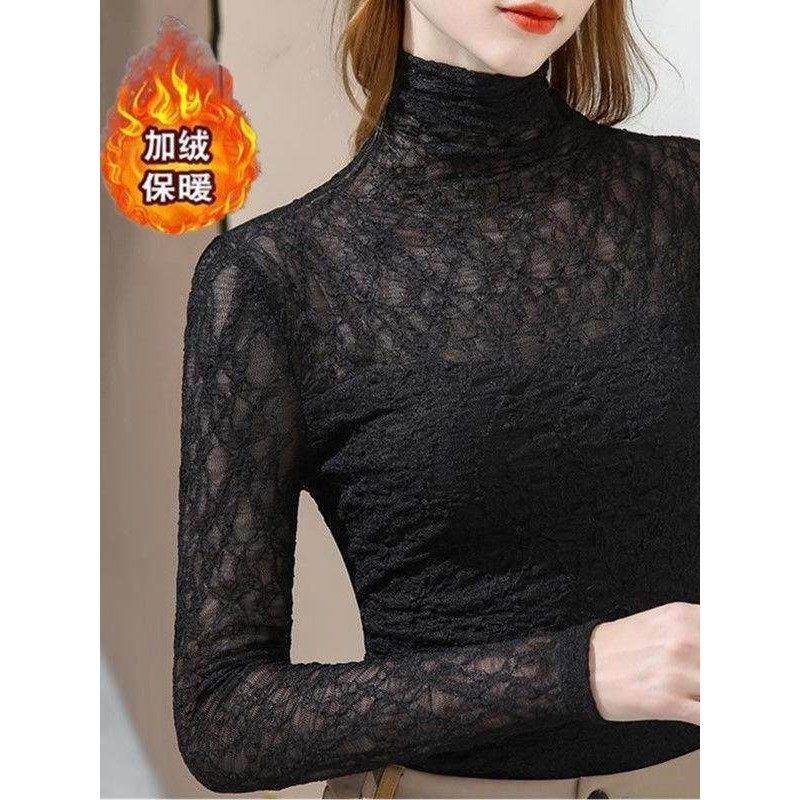 堆堆领内搭T恤加绒/不加绒打底衫女新款2026秋季新款高级感蕾丝衫,淘宝优惠券,粉丝福利购,淘宝优惠卷