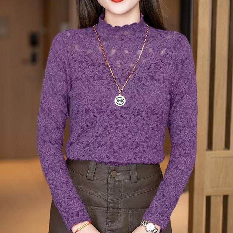 秋冬新加绒加厚保暖内搭蕾丝衫半高领镂空设计百搭时尚打底衫上衣,淘宝优惠券,粉丝福利购,淘宝优惠卷