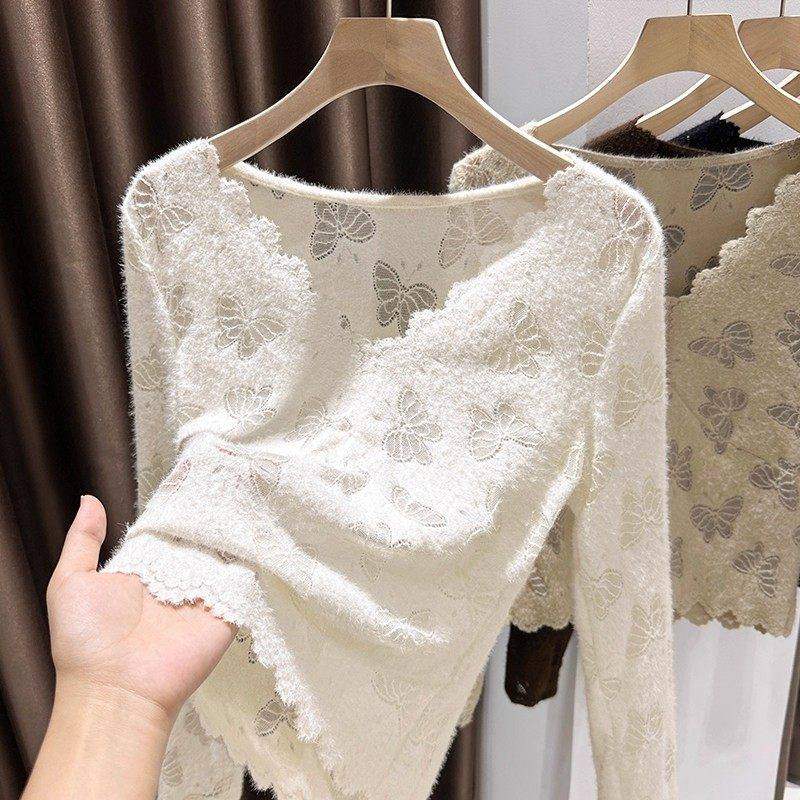 毛茸茸磨毛蝴蝶蕾丝衫女秋冬V领内搭打底衫超好看的花边下摆上衣,淘宝优惠券,粉丝福利购,淘宝优惠卷