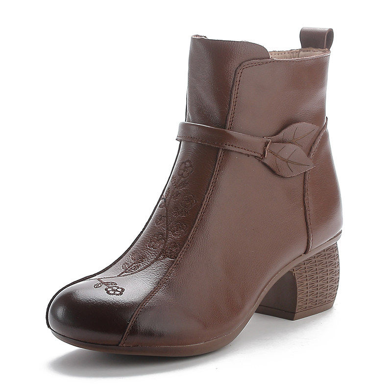 粗跟女棉鞋加绒2026冬季短靴复古软底真皮妈妈鞋绣花民族风鞋勃肯,淘宝优惠券,粉丝福利购,淘宝优惠卷