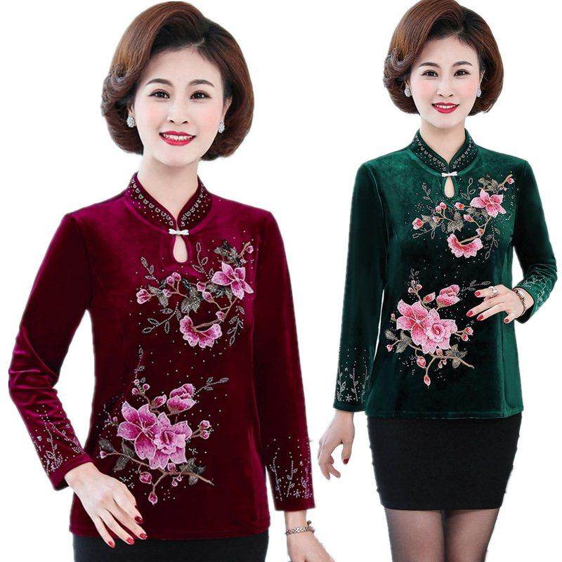 妈妈装春秋金丝绒绣花长袖T恤中老年女旗袍领复古上衣唐装打底衫,淘宝优惠券,粉丝福利购,淘宝优惠卷