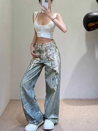 AC风格25FW 蕾丝珍珠链条3D打印印花直筒弯刀牛仔裤jennie同款 - 图0