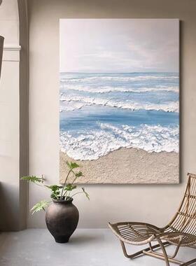 抽象蓝色大海浪肌理画客厅砂岩装饰画玄关手绘油画级感丙烯挂画