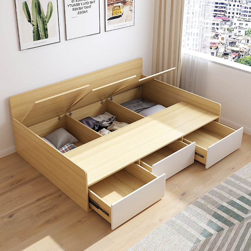 实木榻榻米床现代简约空间利用小户型卧室儿童1.2米单人储物床 - 图2