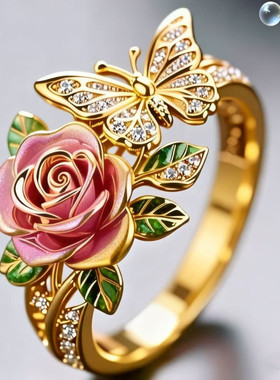 Temu新款花朵滴油开口戒指合金热卖蝴蝶镶钻戒指女士指环饰品配饰