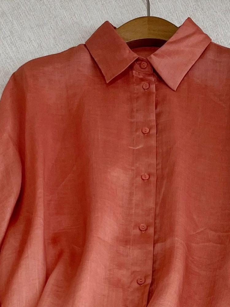 洒脱随性~桔红色亚麻休闲衬衫女24年新款小个子时髦宽松衬衣上衣-图2