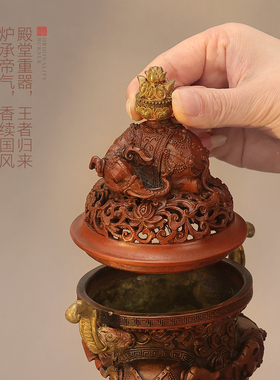 赐福中式瑞象纯铜香薰炉茶道摆件