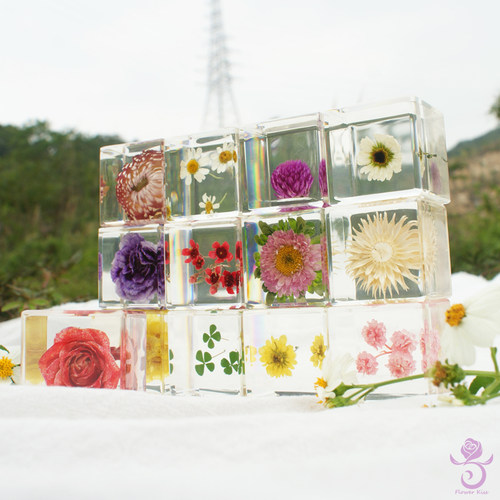 玫瑰四叶草标本康乃馨菊花植物树脂盲盒摆件立方体永生花镇纸礼物 - 图0