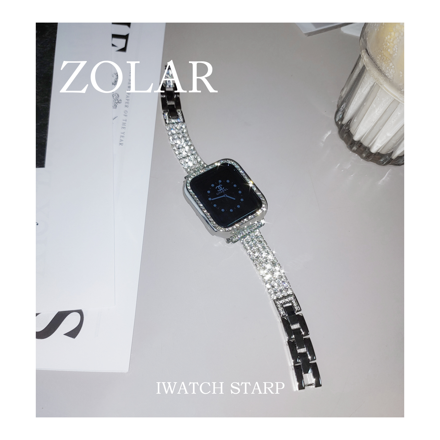 ZOLAR适用iwatch45678/se新款水晶镶钻满天星1/2/3代苹果表带金属-图0