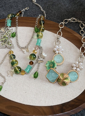 森系绿色水钻蝴蝶多层锁骨链