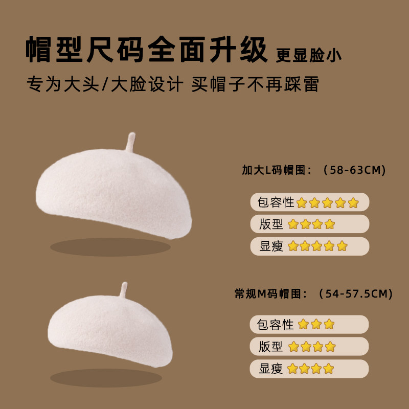 大头围纯羊毛贝雷帽女秋冬款适合大圆脸的法式画家帽蓓蕾帽显脸小,淘宝优惠券,粉丝福利购,淘宝优惠卷