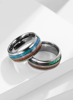 跨境爆款不锈钢戒指蓝石纹木纹银丝贴纸滴油欧美热销戒指厂家