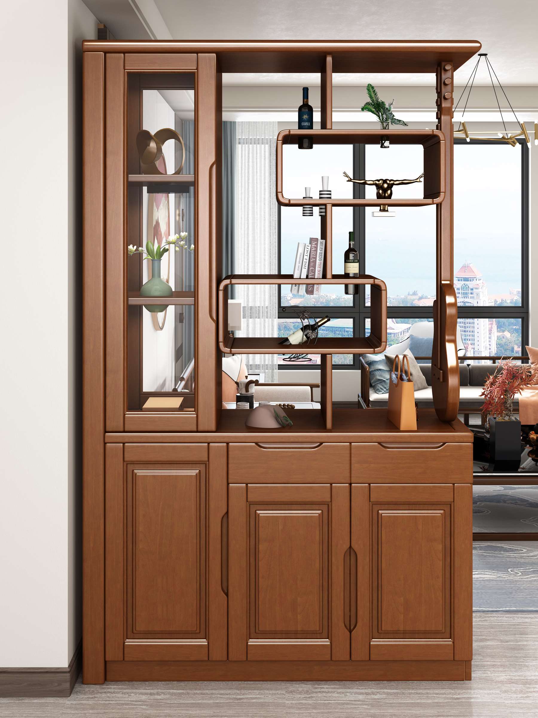 实木间厅柜现代简约橡木酒柜客厅隔断屏风展示柜玻璃家用中式双面