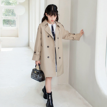 Long style in girls wind clothes 2023 autumn clothes new foreign air great child Han version children double row button to collect waist jacket Spring and autumn