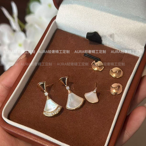 AURA轻奢小裙子耳环18K金扇形耳钉天然白贝母红玉髓高级扇子耳坠 - 图1