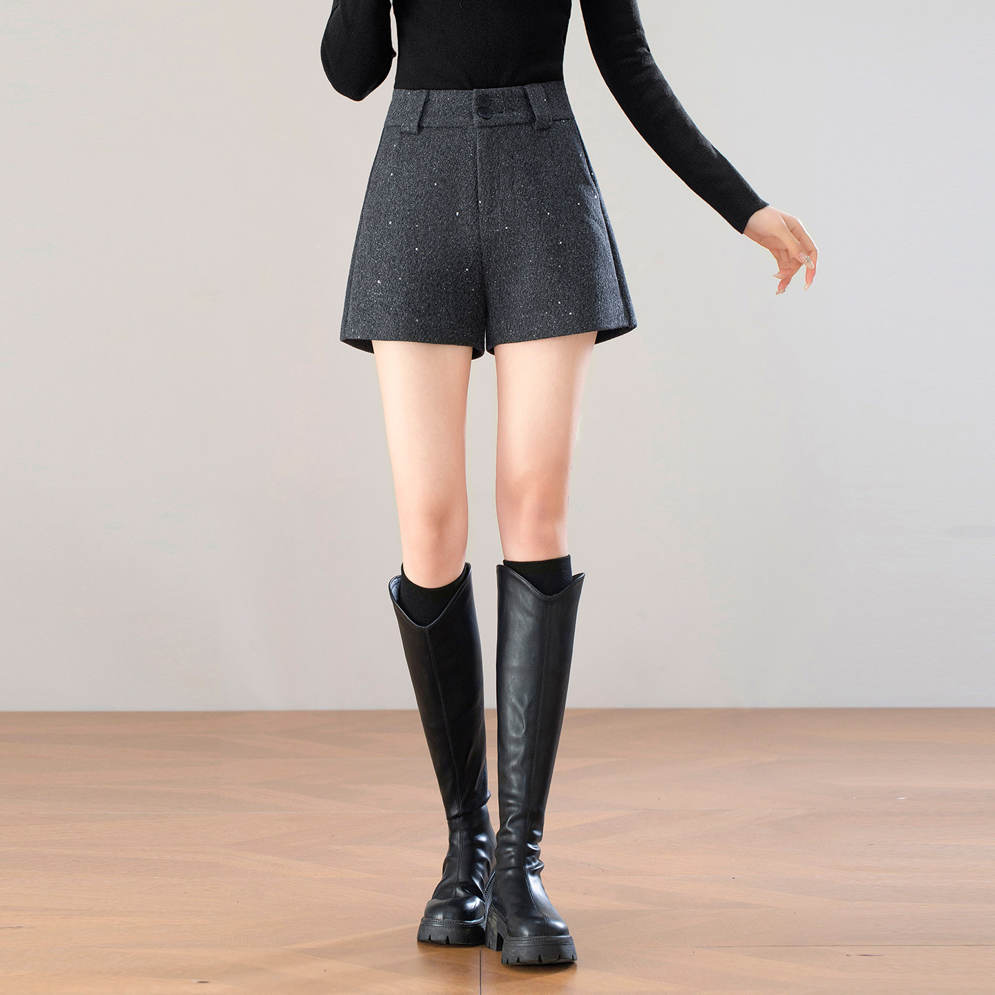 小个子双排扣亮片毛呢短裤女秋冬季2025新款百搭外穿A字阔腿靴裤,淘宝优惠券,粉丝福利购,淘宝优惠卷