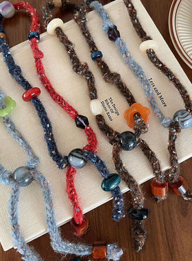 秋冬针织毛线串珠项链女