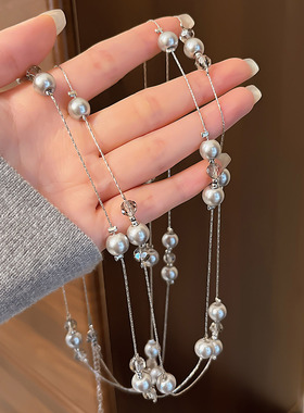 高级感多层灰色仿珍珠项链女