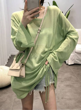 厂家直销薄款女夏季新款沙滩长袖防晒衣宽松罩衫抽绳上衣空调衫