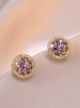 项链 日韩风直播花朵锆石三件套旋转耳环戒指钛钢项链微镶锁骨链