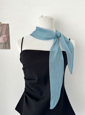 韩国春夏百搭压皱纯色长条丝巾女洋气发带气质领巾绑包护颈小